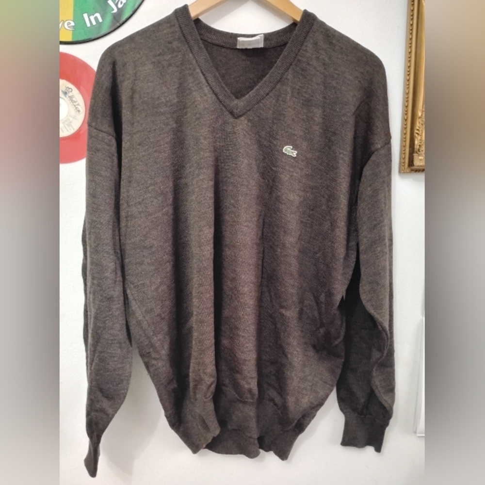 Lacoste Men's V-Neck Sweater in Dark Brown with Crocodile Logo